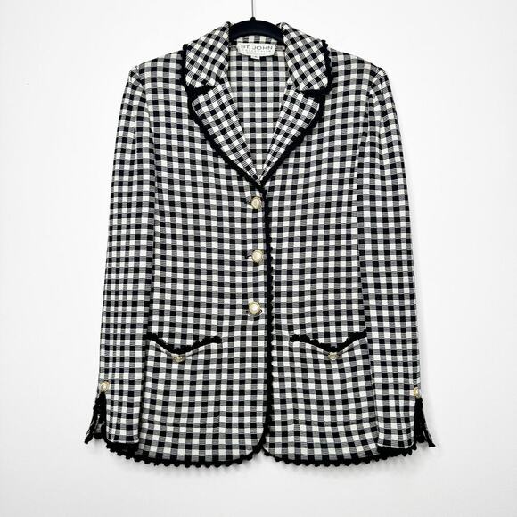 St. John Collection Plaid Knit Scalloped Blazer Jacket Black White Size US 8 - Picture 1 of 7
